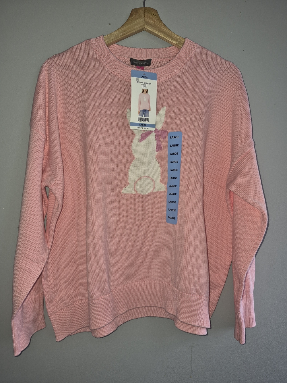 Vince Camuto Pink Crewneck Sweater with White Bunny Intarsia